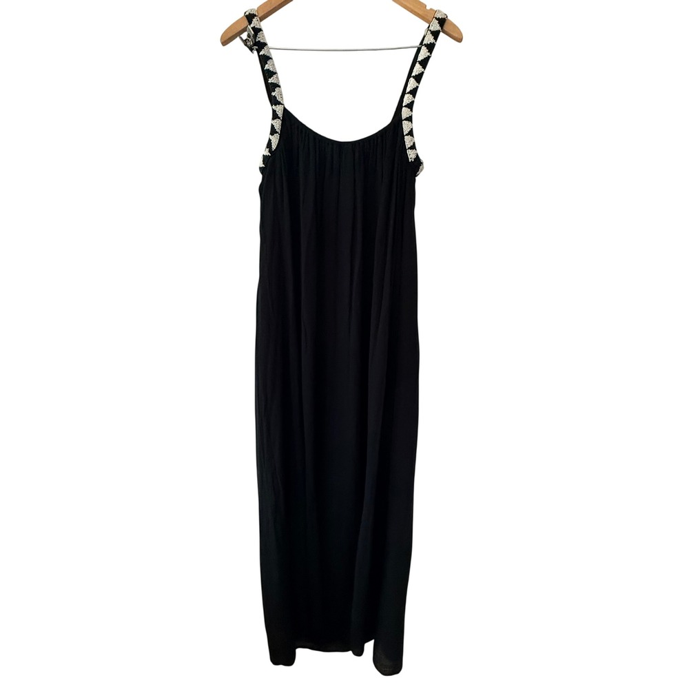 Zara Black Boho Beaded Strap Maxi Dress Womens MCotton Modal Geometric Summer - Picture 3 of 8